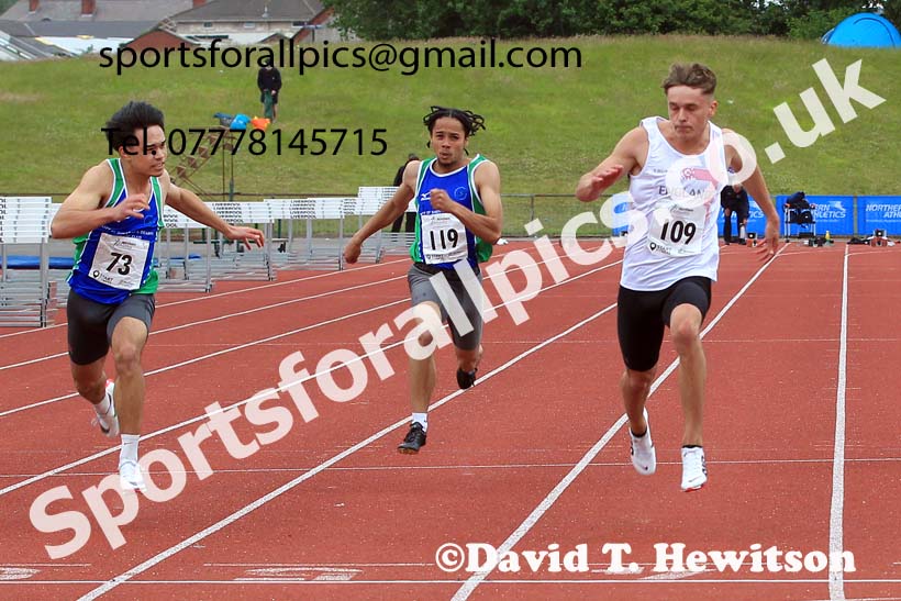 Senior mens 100 metres, 2022 Northern Senior and Under-20 Champs., Wavertree Athletics Centre, Liverpool. Photo: David T. Hewitson/Sports for All Pics